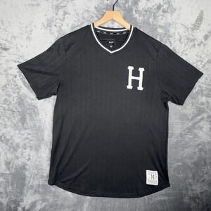 HUF Mens Jersey Shirt XL Black V-Neck Short Sleeve Logo Pinstripe Streetwear